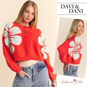Davi & Dani Flower Contrast Round Neck Long Sleeves Cropped Cardigan | Orange